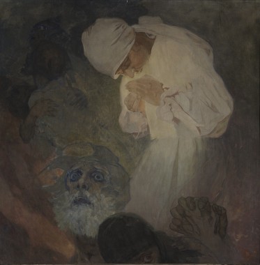 The Light of Hope In a dark scene a woman in a white dress and headdress leans over to protect a candle in her hands; an old man in the foreground clasps the hand of a third figure with his right hand