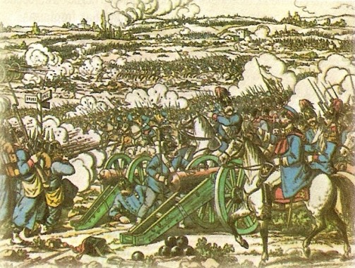 Battle of Königgrätz Line drawing with colour of battle field with troops firing guns and canons and soldiers on horseback