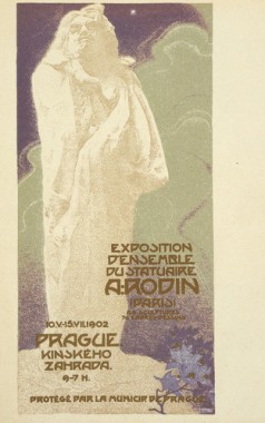 Poster for the Rodin exhibition in Prague by Vladimir Zupansky (1869-1928) Art Nouveau style depiction of Rodin's Balzac (1898) with a mauve and green background and exhibition details