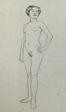 Nude model Female nude with her hair attached looking to her right with her right hand on her hip