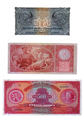 Mucha's designs for Czechoslovakian bank notes Three banknotes of 10, 50 and 500 crowns