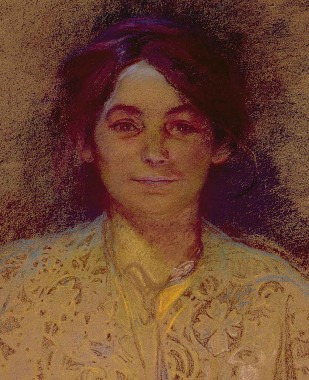 Maruška A pastel portrait of Maruška with her hair up wearing a decorative fabric shawl around her shoulders