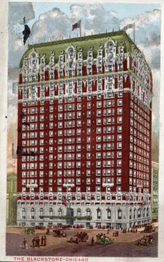 Blackstone hotel, Chicago A coloured postcard of the Blackstone in Chicago - a 20 storey red brick building with first storey in white stone, flags flying from the roof and motor cars in the foreground