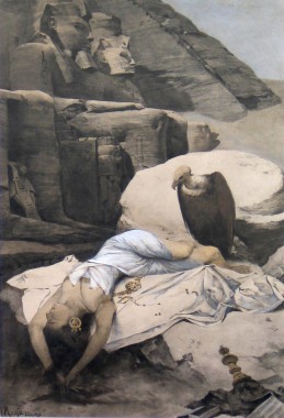 In the Desert: Study for an illustration for the Světozor magazine A vulture sits next to a female corpse slumped on a rock with Pharaohs carved in the rock beyond