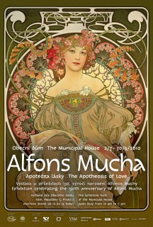 Exhibition poster based on Mucha's 'Rêverie', with text details of the exhibition